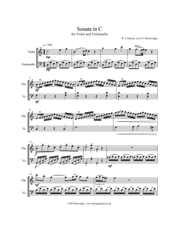 Mozart's Sonata in C arranged for Violin and Violoncello (arr. David F Wainwright)