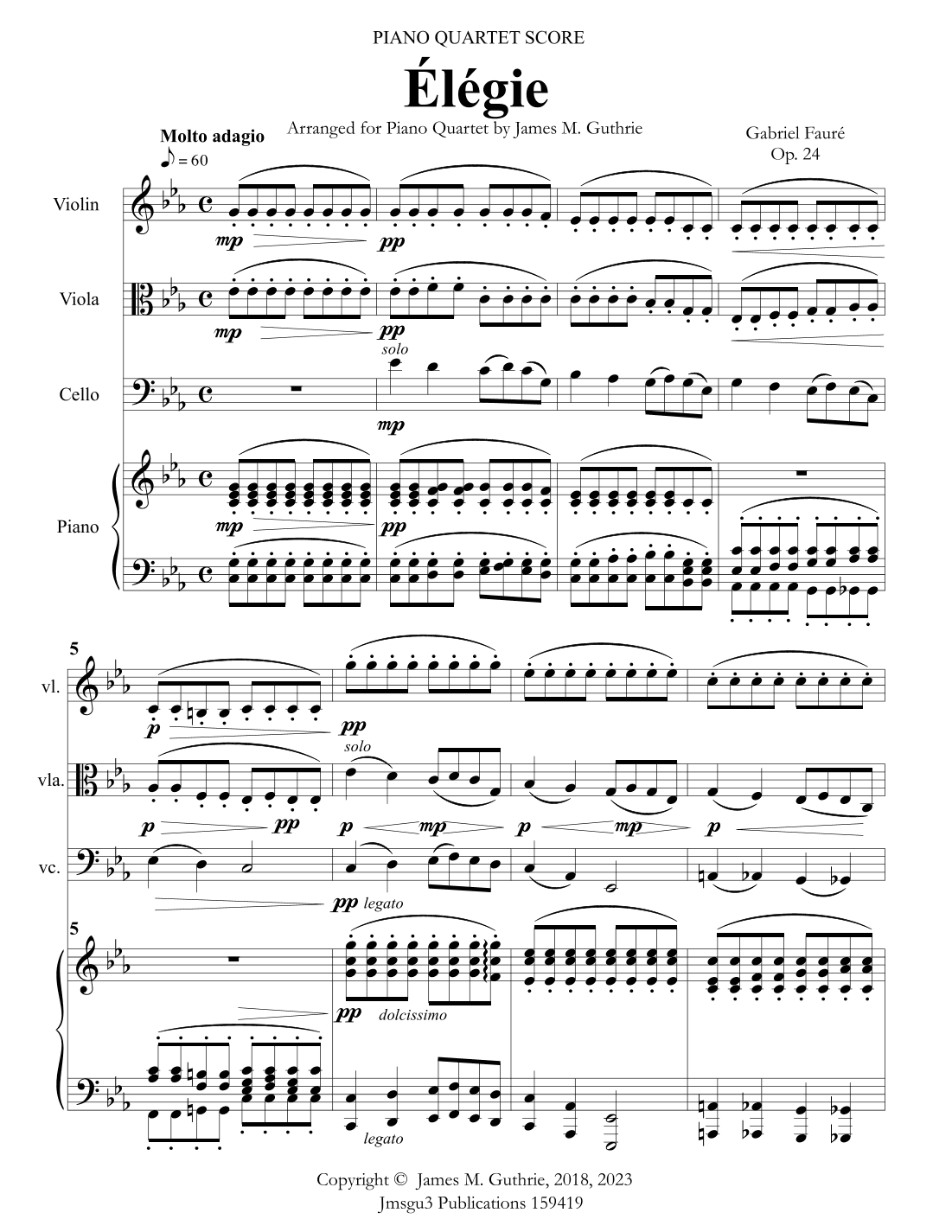 Fauré: Élégie Op. 24 for Piano Quartet (arr. James M. Guthrie, ASCAP)