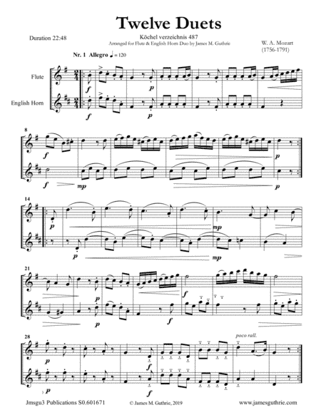 Mozart: 12 Duets K. 487 for Flute & English Horn (arr. James M. Guthrie, ASCAP)