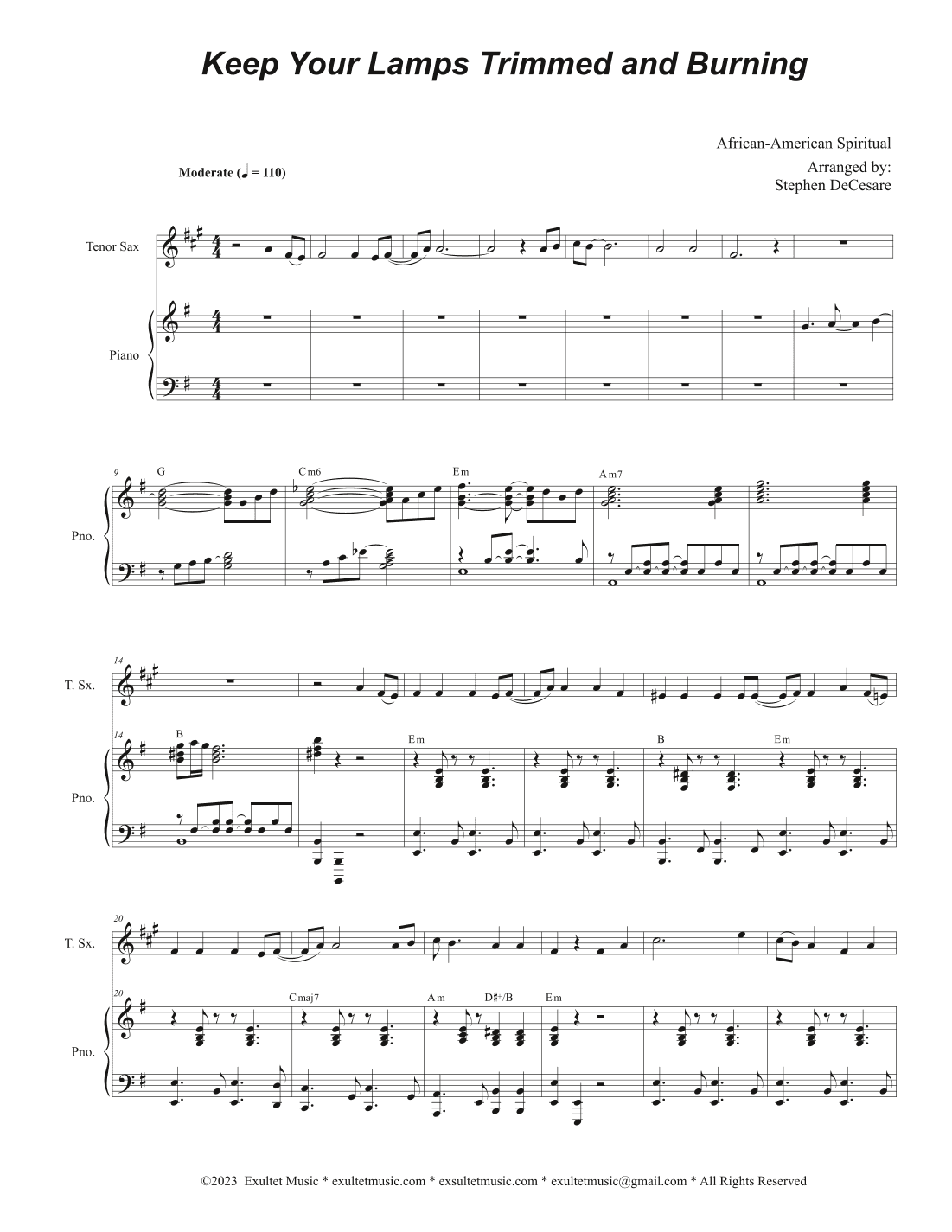Keep Your Lamps Trimmed And Burning (Tenor Saxophone and Piano) (arr. Stephen DeCesare)