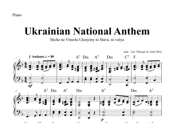 Ukrainian National Anthem - Shche ne Vmerla Ukrayiny ni Slava ni volya - Piano Solo - F (arr. Thomas Graf)