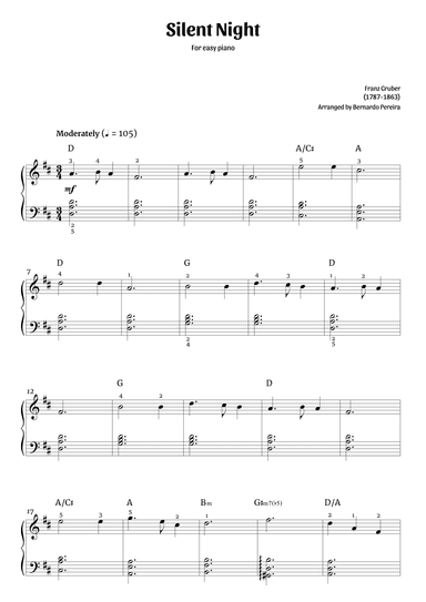 Silent Night (easy piano in D major - with chords) (arr. Bernardo Pereira)
