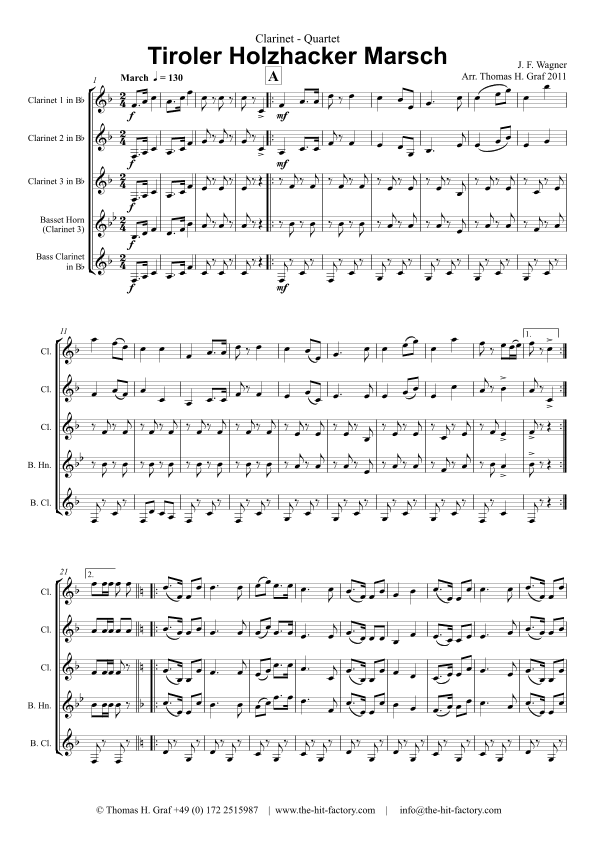 Tiroler Holzhacker Marsch - German Polka March Octoberfest - Clarinet Quartet - Eb (arr. Thomas Graf)