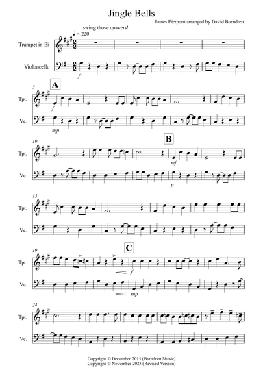 Jingle Bells (Jazzy Style!) for Trumpet and Cello Duet (arr. David Burndrett)