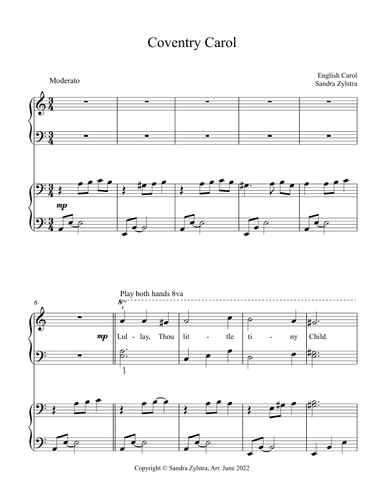 Coventry Carol (elementary piano with optional duet) (arr. Sandra Zylstra)