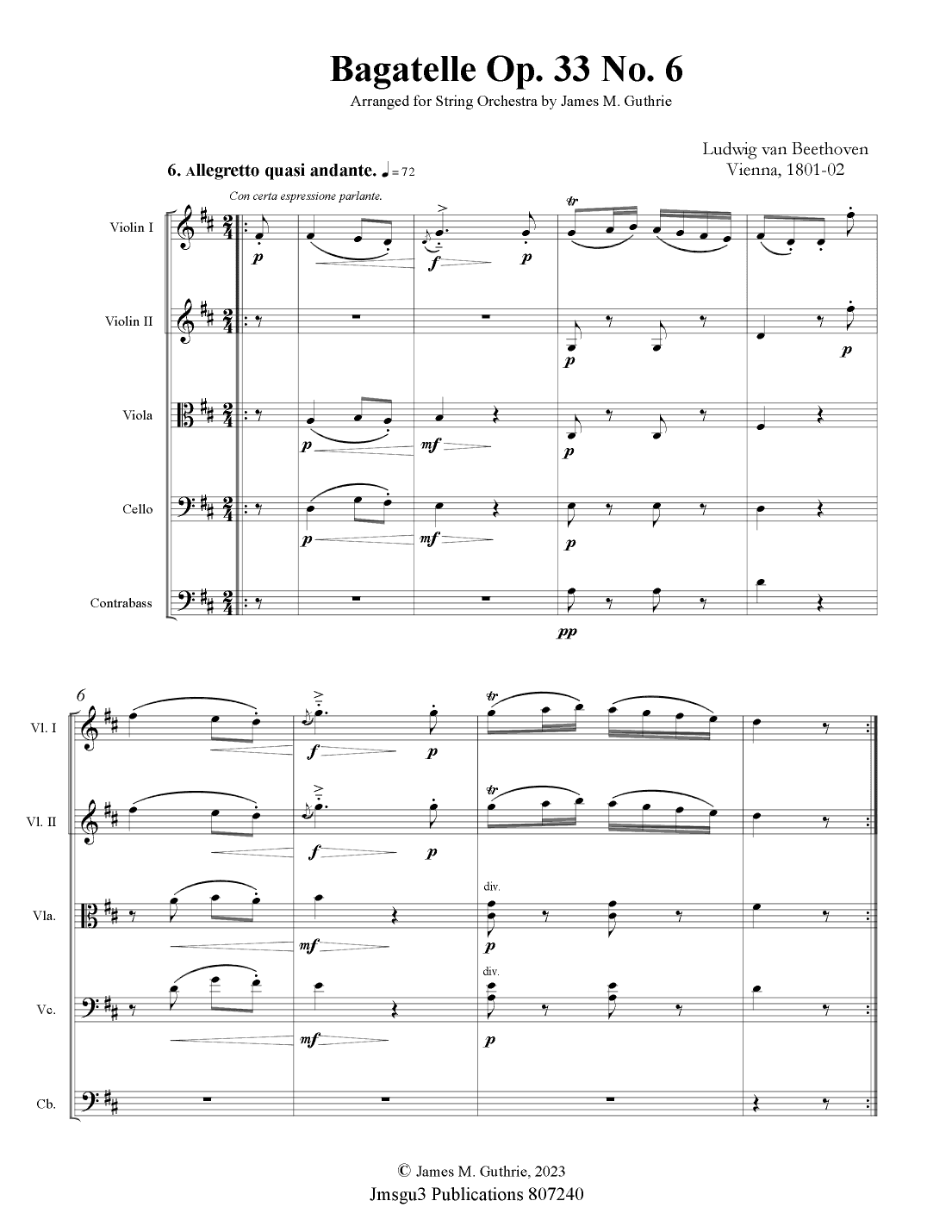 Beethoven: Bagatelle Op. 33 No.6 for String Orchestra (arr. James M. Guthrie, ASCAP)