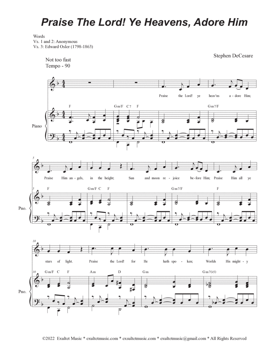 Praise The Lord! Ye Heavens, Adore Him (Unison choir - High Key)
