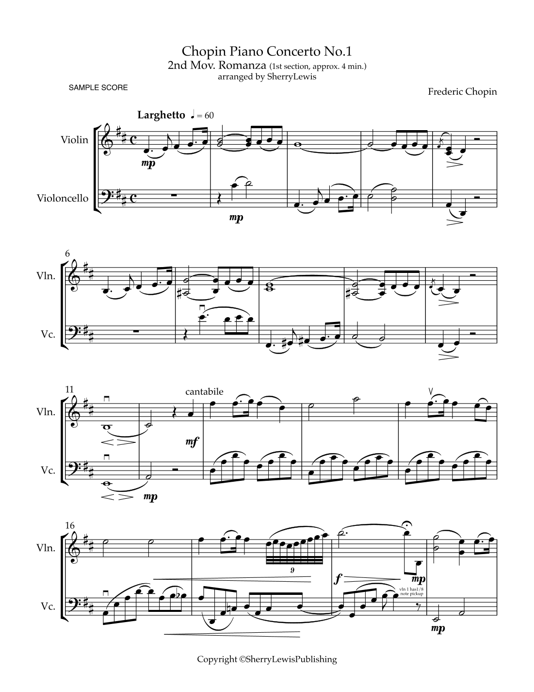 Chopin Piano Concerto No. 1, 2nd Movement - Romanza-, first theme for String Duo (arr. Sherry Lewis)