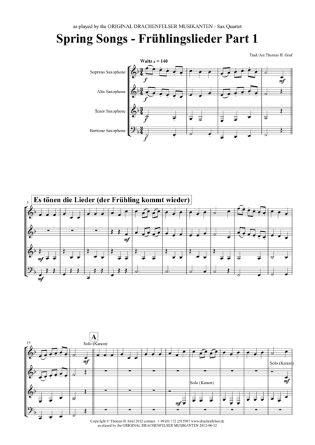 Spring Songs - Frühlingslieder - Part 1 - German Folk Songs - Saxophone Quartet (arr. Thomas H. Graf)