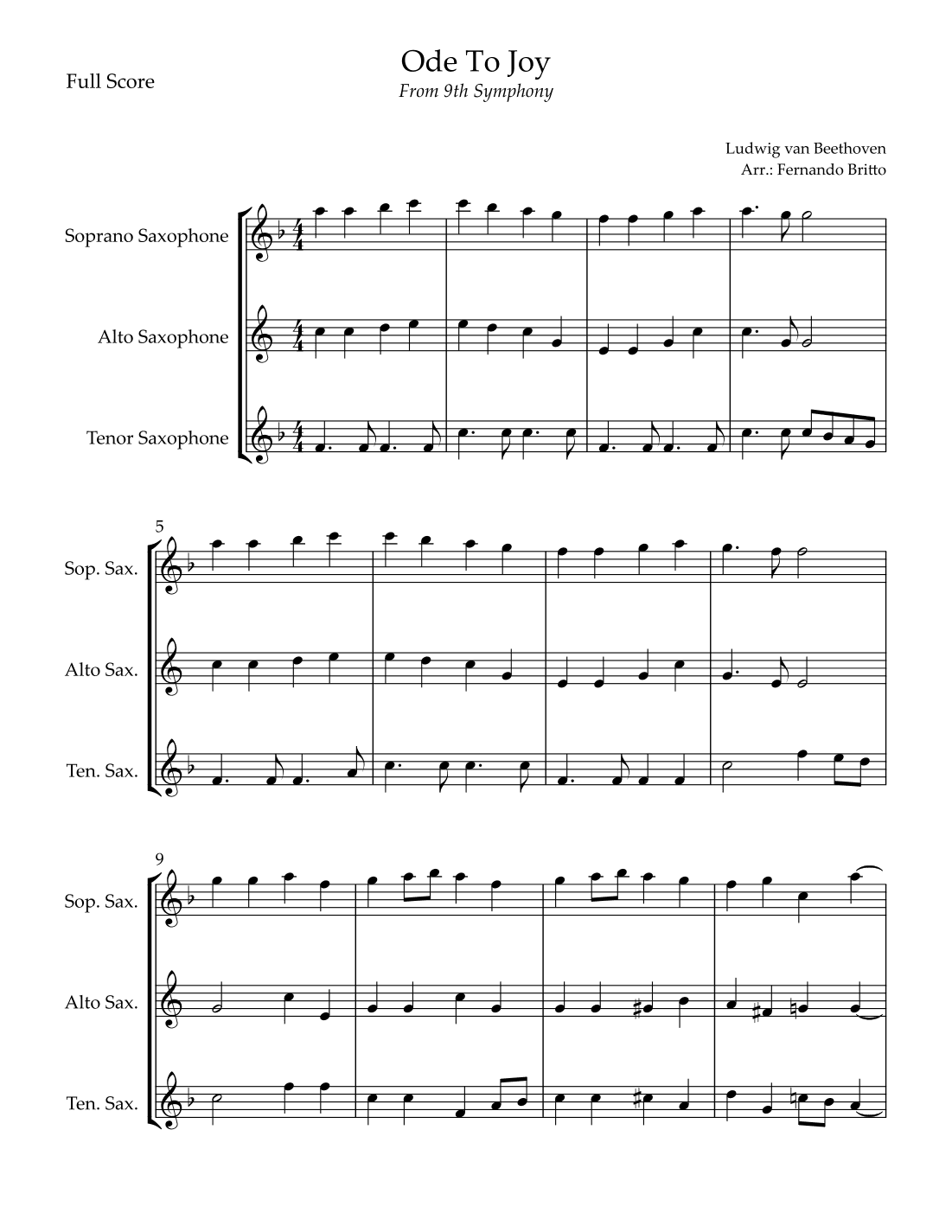 Ode To Joy Theme (from Beethoven's 9th Symphony) for Saxophone Trio (arr. Fernando Britto)