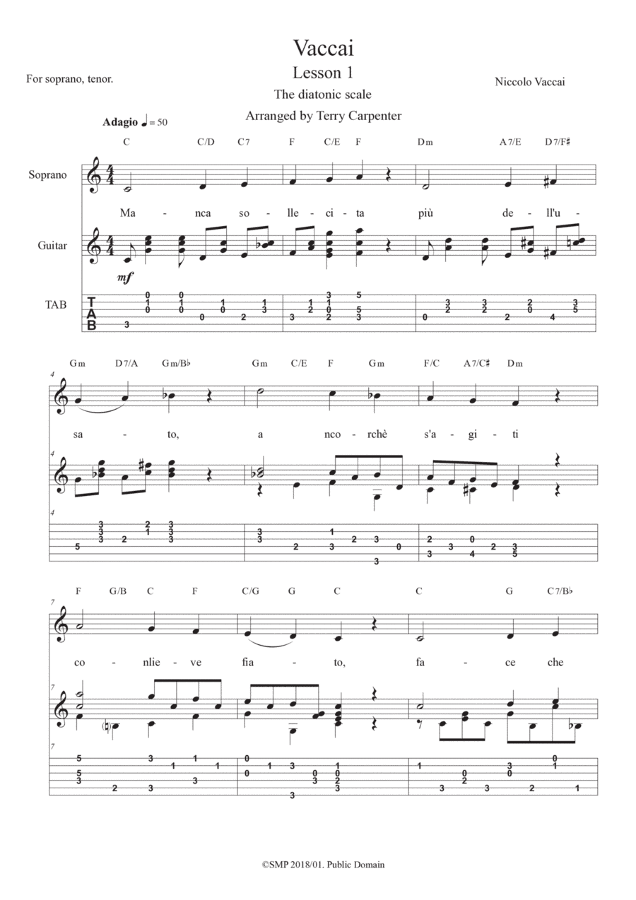 Vaccai - Lesson 1 Diatonic scale for soprano or tenor voice and guitar (arr. Terry Carpenter)