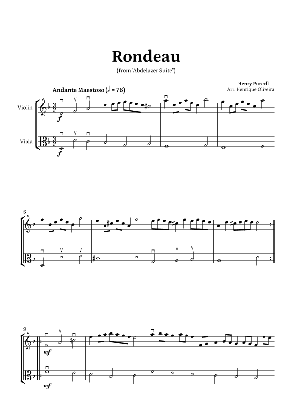 Rondeau from "Abdelazer Suite" by Henry Purcell - For Violin and Viola (arr. Henrique Oliveira)