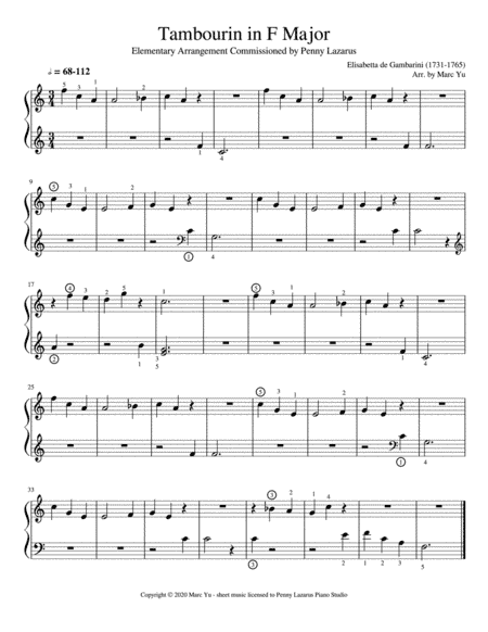 Tambourin - Elementary Piano Arrangement (arr. Marc Yu)