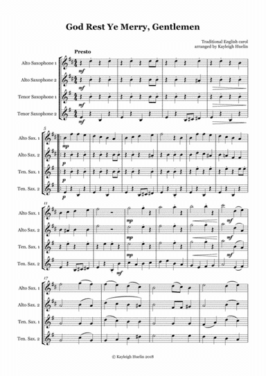God Rest Ye Merry Gentlemen - Saxophone quartet (AATT) (arr. Kayleigh Huelin)