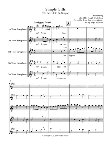 Simple Gifts ('Tis the Gift to Be Simple) (F) (Tenor Saxophone Quintet) (arr. Regis Bookshar)