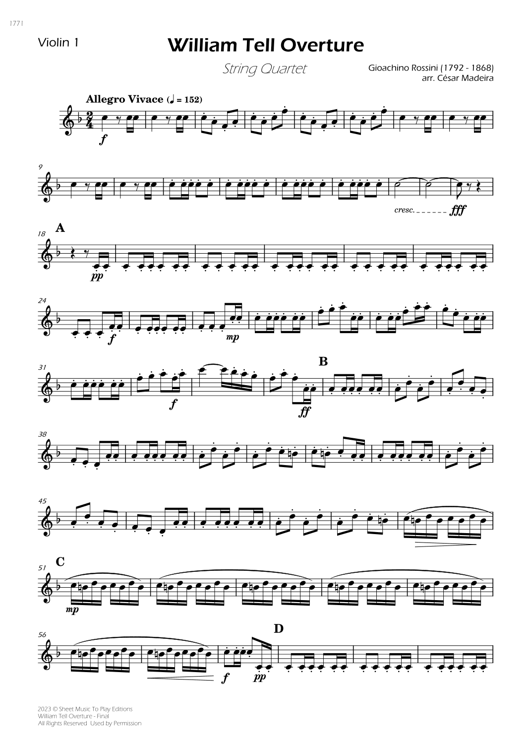 William Tell Overture - String Quartet (Individual Parts) (arr. César Madeira)