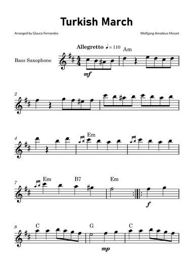 Turkish March by Mozart - Bass Saxophone Solo with Chord Notations (arr. Glauco Fernandes)
