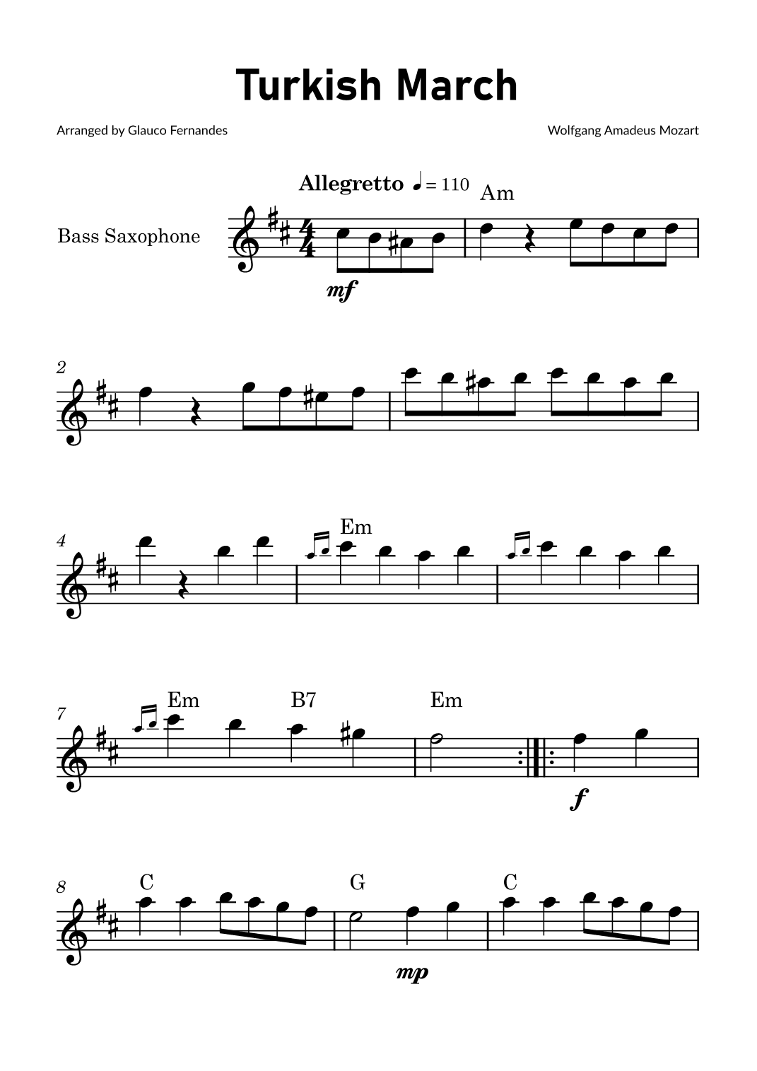 Turkish March by Mozart - Bass Saxophone Solo with Chord Notations (arr. Glauco Fernandes)