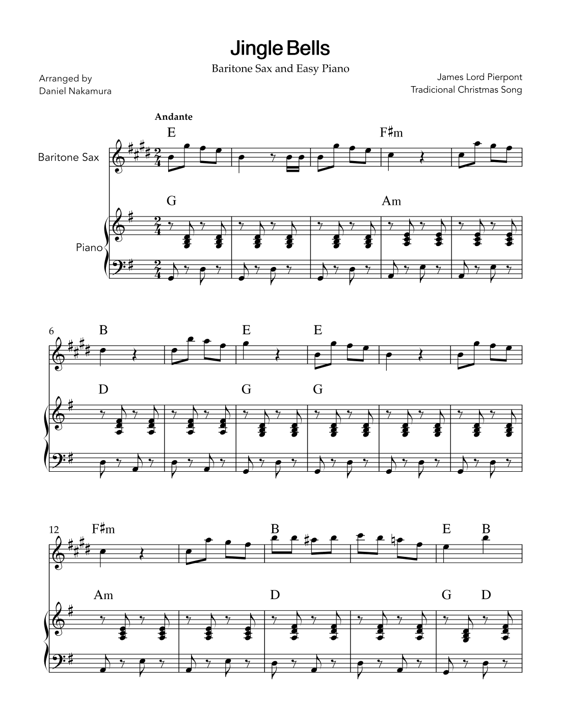 Jingle Bells (for Baritone Sax and Easy Piano) (arr. Daniel Nakamura)