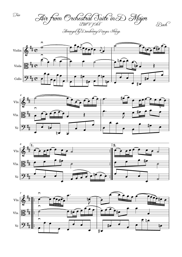 Air from Orchestral Suite 3 BWV1068 by Bach (On the G String) for String Trio (arr. Dandenong Ranges Strings)