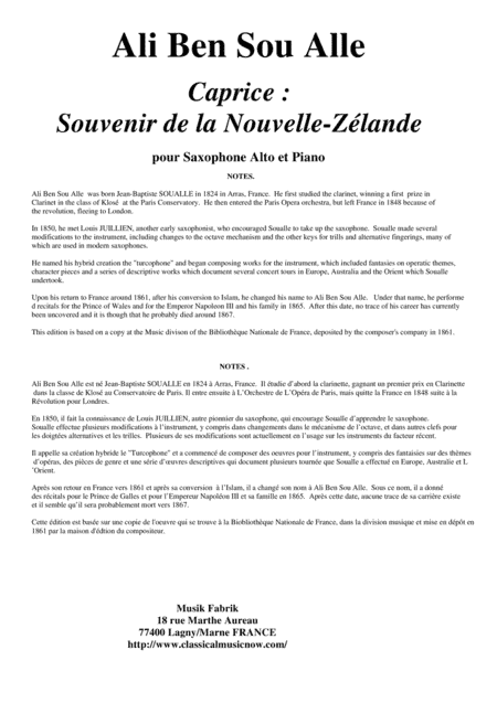 Ali Ben Sou Alle:  Caprice : Souvenir de la Nouvelle-Zélande for alto saxophone and piano (arr. Paul Wehage)