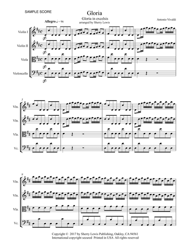 GLORIA IN EXCELSIS, Vivaldi String Quartet, Intermediate Level for 2 violins, viola and cello (arr. Sherry Lewis)