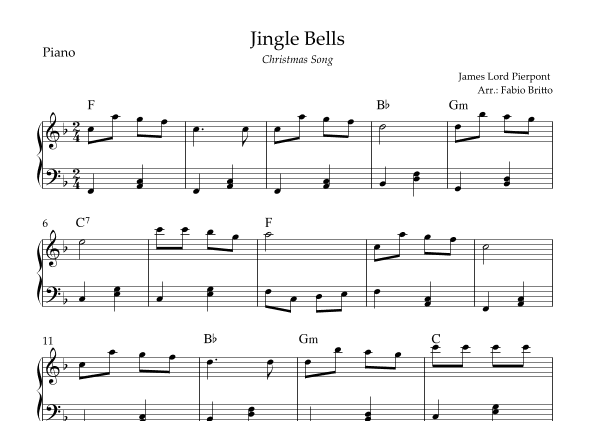 Jingle Bells (Christmas Song) for Easy Piano Solo with Chords (F Major) (arr. Fabio Britto)