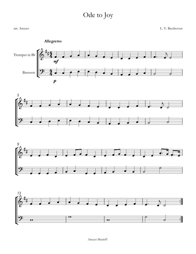 ode to joy for trumpet and bassoon sheet music in c for beginners (arr. Arezzo Music)
