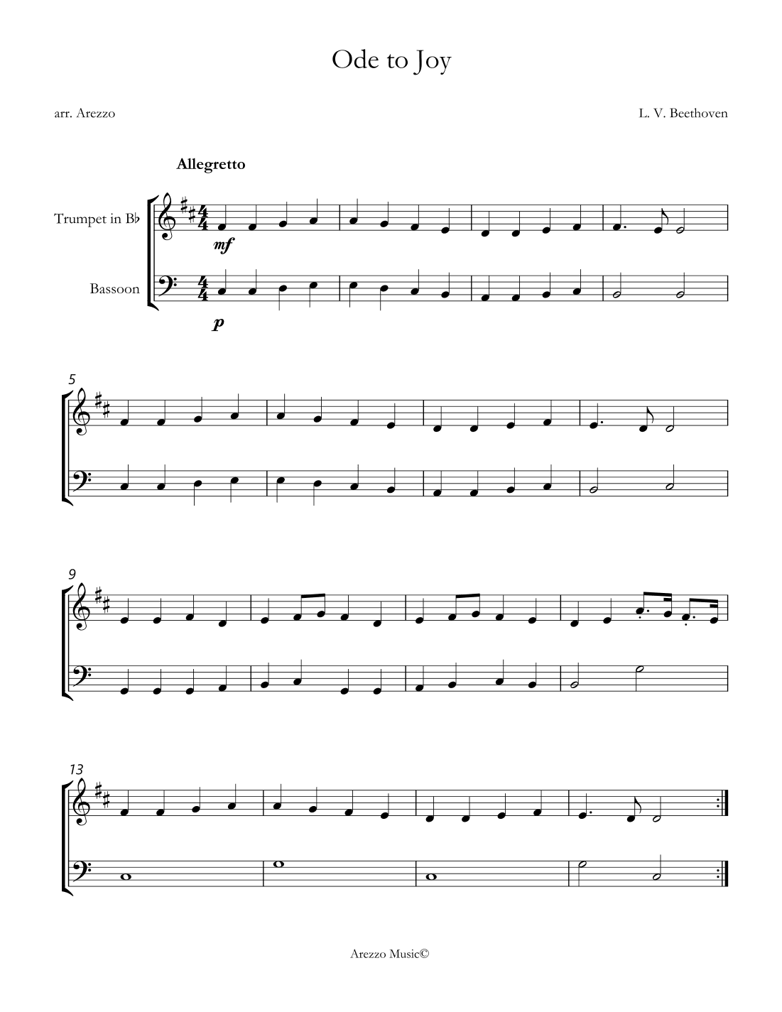 ode to joy for trumpet and bassoon sheet music in c for beginners (arr. Arezzo Music)