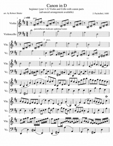 Canon in D for beginner Violin-Cello Duet (with cello canon parts) (arr. Robert Shuler)