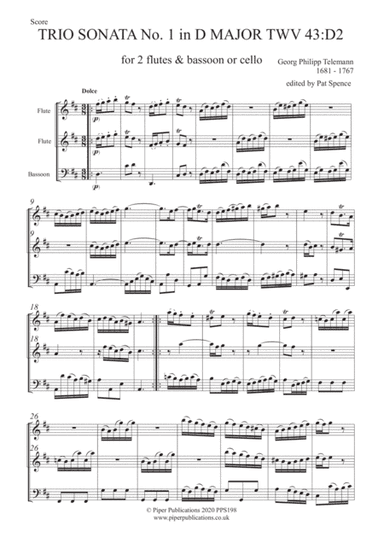 TELEMANN TRIO SONATA No. 1 in D MAJOR TWV 43:D2 for 2 flutes or violins & bassoon or cello (arr. Edited by Pat Spence)
