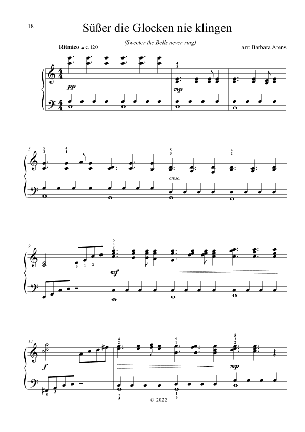 Süßer die Glocken nie Klingen (Sweeter the bells never ring) for Intermediate Piano (arr. Barbara Arens)