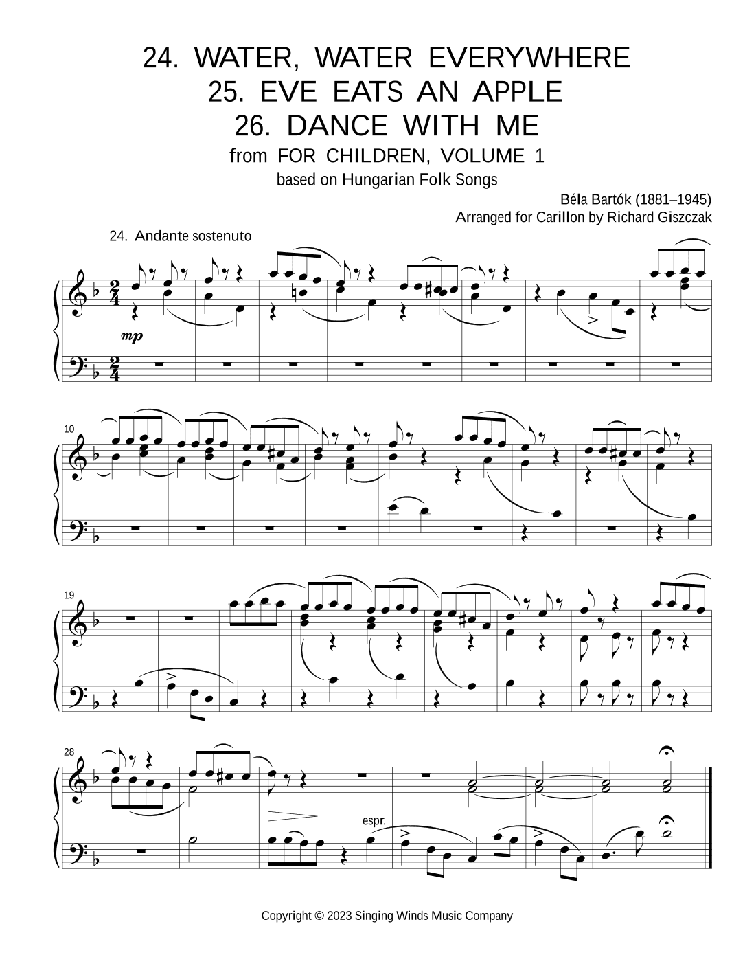 For Children, Volume 1: 24. Water, Water Everywhere, 25. Eve Eats an Apple, 26. Dance with Me (arr. Richard Giszczak)