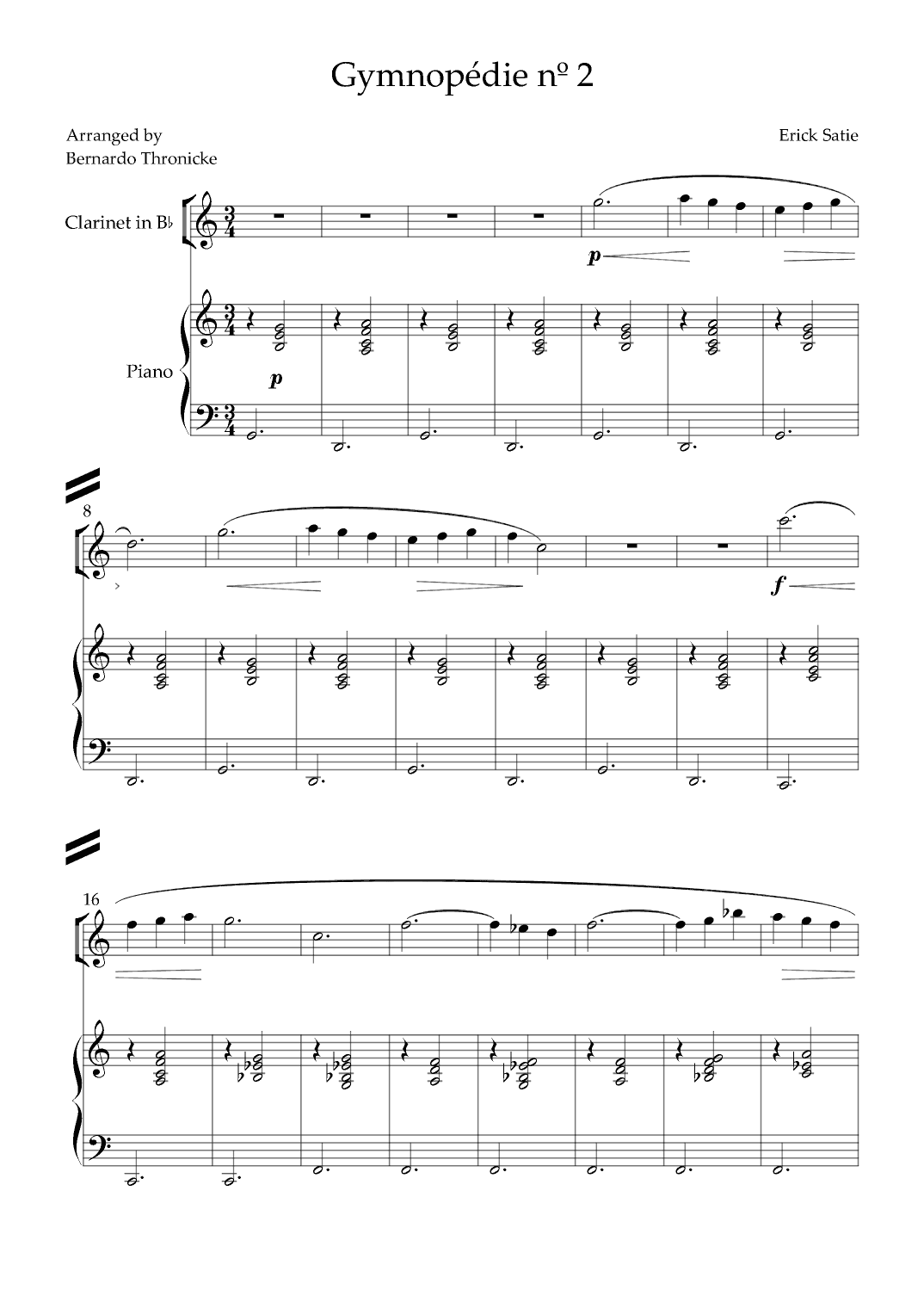 Gymnopédie nº 2 - For Clarinet in Bb and Piano (arr. Bernardo Thronicke)