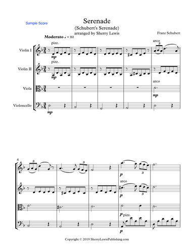 SCHUBERT SERENADE String Quartet, Intermediate Level for 2 violins, viola and cello (arr. Sherry Lewis)