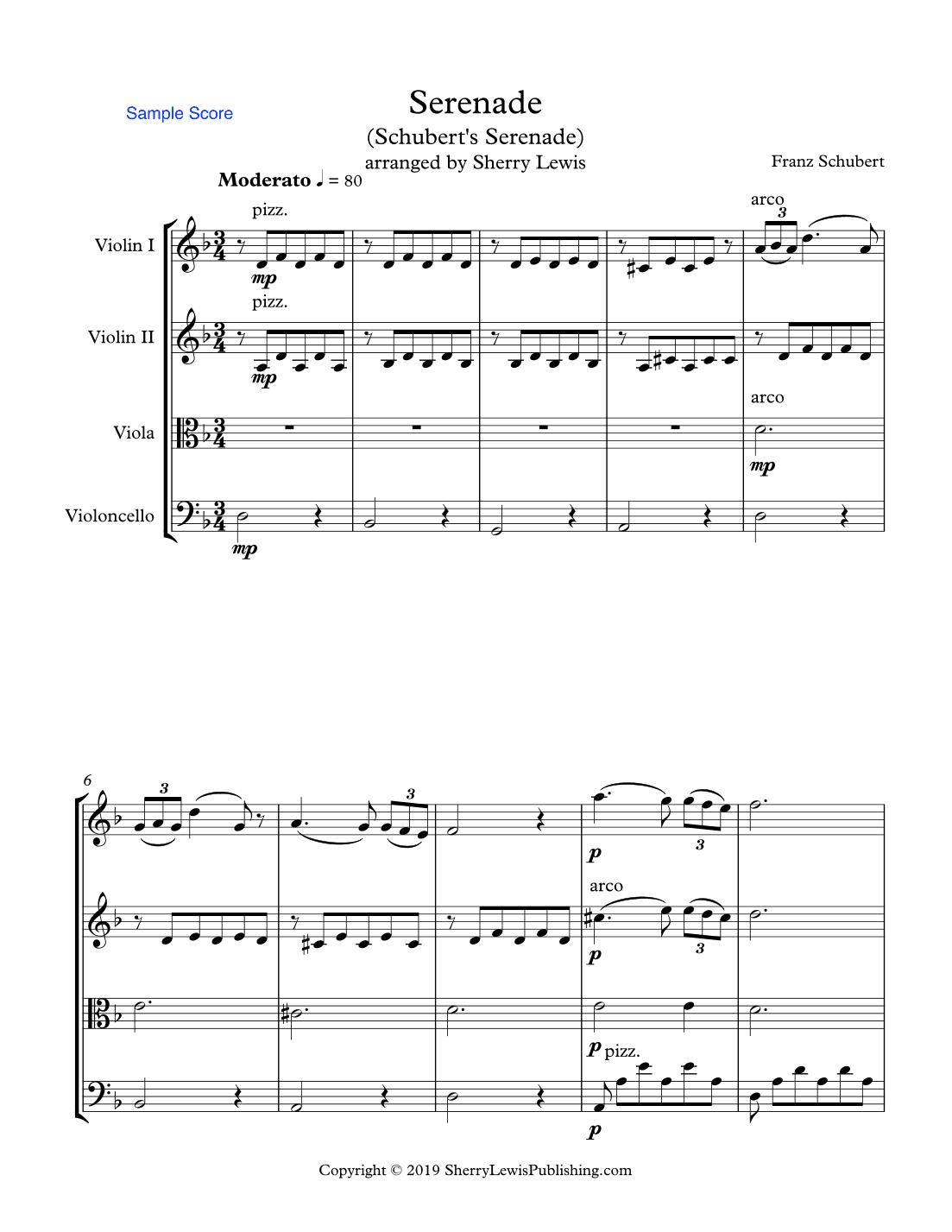 SCHUBERT SERENADE String Quartet, Intermediate Level for 2 violins, viola and cello (arr. Sherry Lewis)