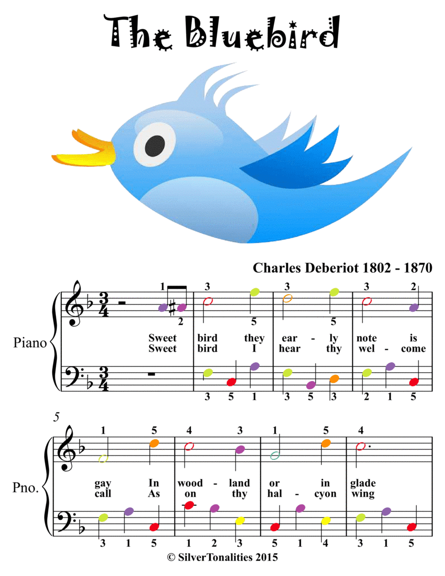 The Bluebird Easy Piano Sheet Music with Colored Notes (arr. SilverTonalities)