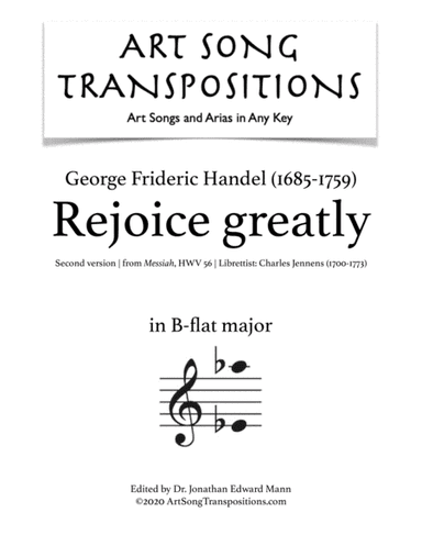HANDEL: Rejoice greatly (transposed to B-flat major) (arr. ArtSongTranspositions.com)
