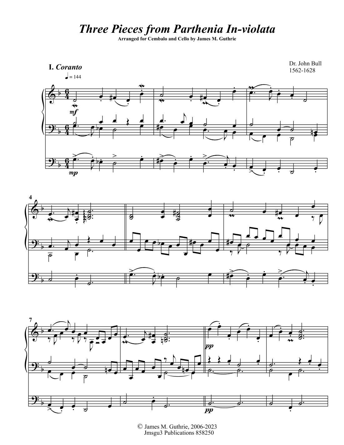 Bull: Three Pieces from Parthenia In-violata for Harpsichord & Gamba or Cello (arr. James M. Guthrie)