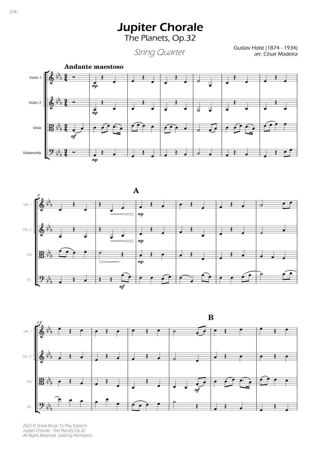 Jupiter Chorale from The Planets - String Quartet (Full Score) - Score Only (arr. César Madeira)