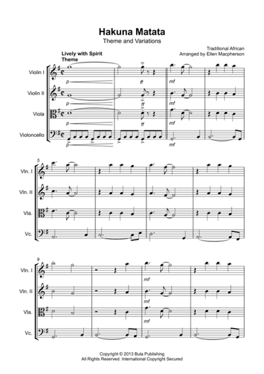 Hakuna Matata Theme & Variation - Easy String Quartet - Score (arr. Ellen Macpherson)