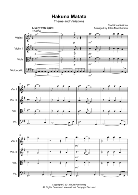 Hakuna Matata Theme & Variation - Easy String Quartet - Score (arr. Ellen Macpherson)