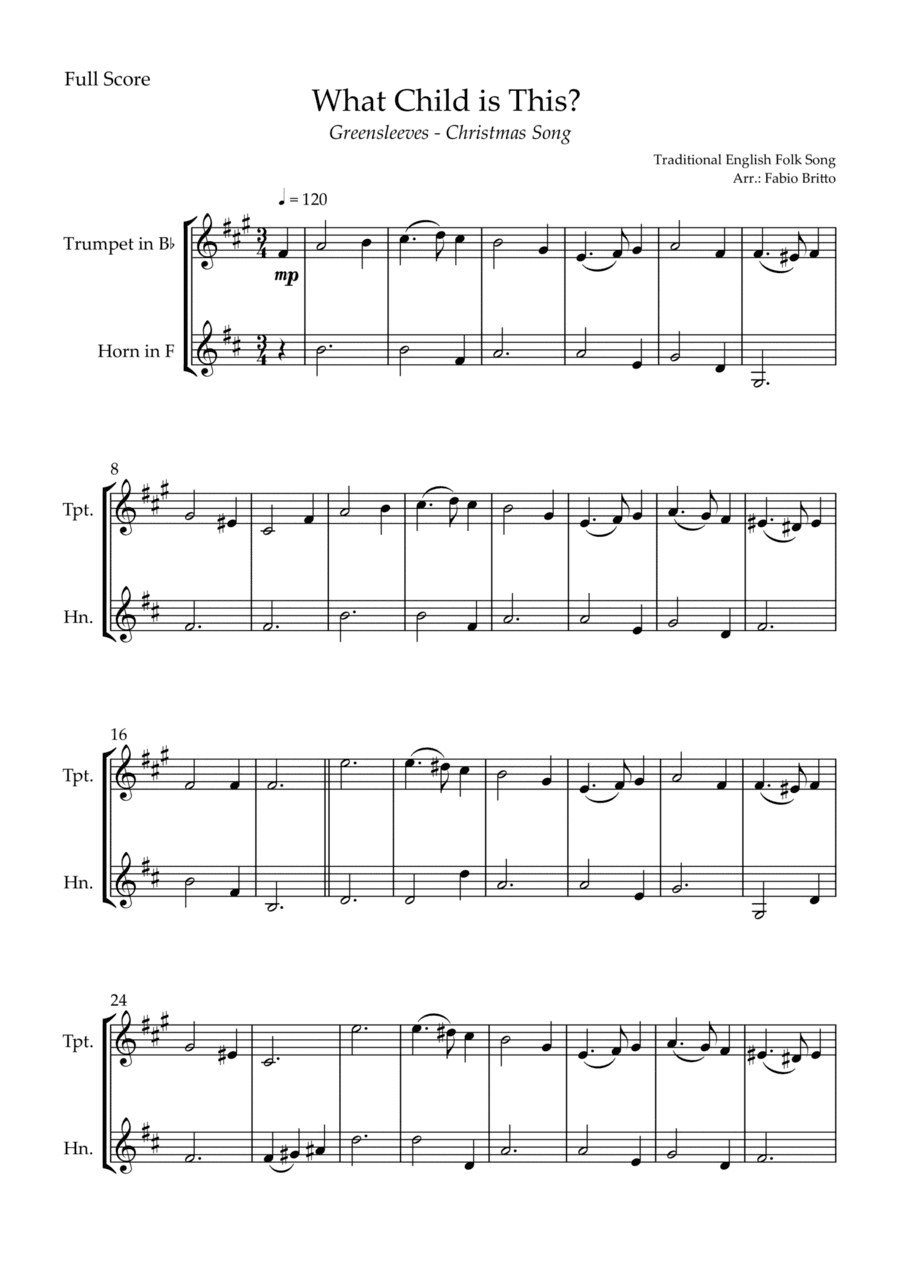 What Child is This? - Greensleeves (Christmas Song) for Trumpet in Bb & Horn in F Duo (arr. Fabio Britto)