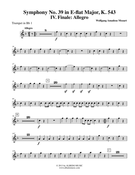 Mozart Symphony No. 39, Movement IV - Trumpet in Bb 1 (Transposed Part), K. 543 (arr. Doug Clyde)