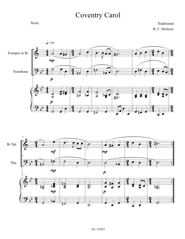Coventry Carol (Trumpet and Trombone Duet with Piano Accompaniment) (arr. B. C. Dockery)
