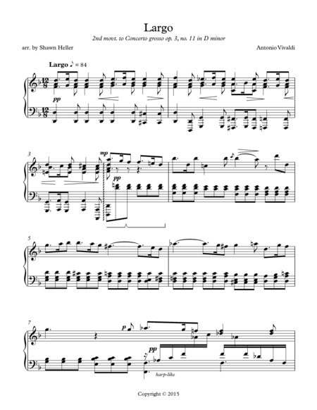 Largo (2nd mvt.) from Concerto grosso, op. 3, #11 in D minor, RV565, Piano Solo arr. Shawn Heller (arr. Shawn Heller)