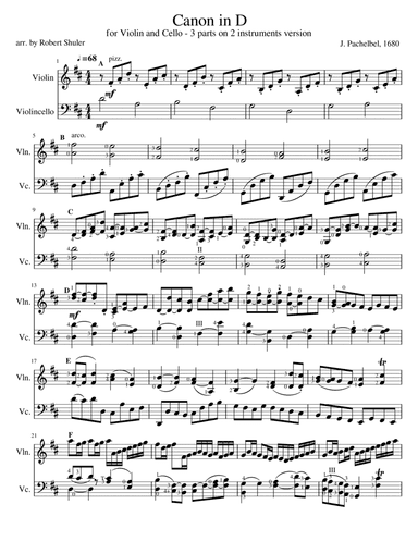 Canon in D 3 parts on 2 instruments for Violin & Cello (arr. Robert Shuler)