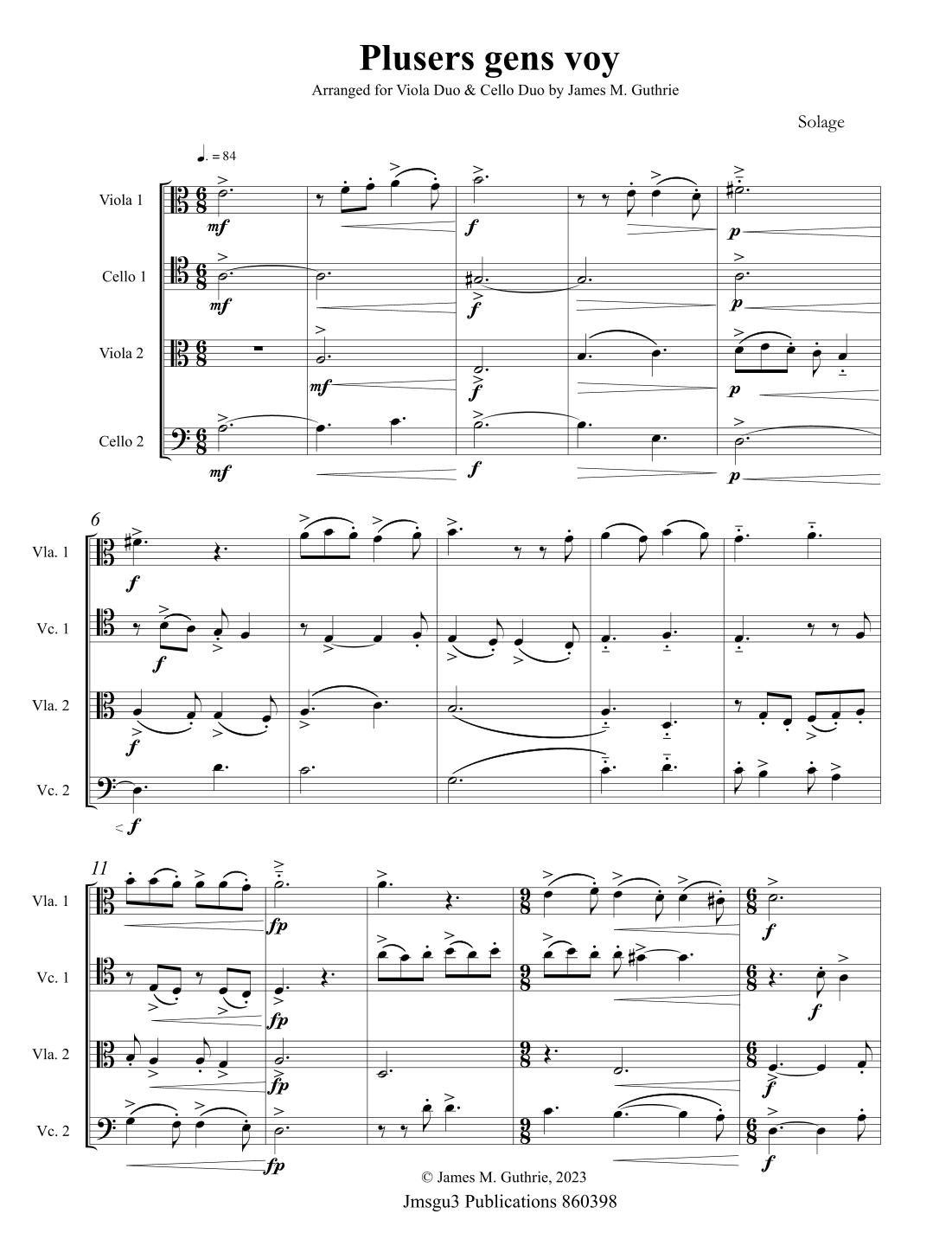 Solage: Plusers gens voy for Viola Duo & Cello Duo (arr. James M. Guthrie)