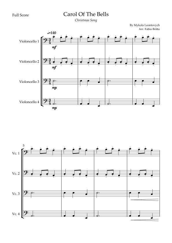 Carol Of The Bells (Christmas Song) for Cello Quartet (arr. Fabio Britto)