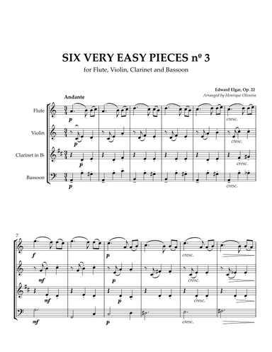 Six Very Easy Pieces nº 3 (Andante) - For Flute, Violin, Clarinet and Bassoon (arr. Henrique Oliveira)